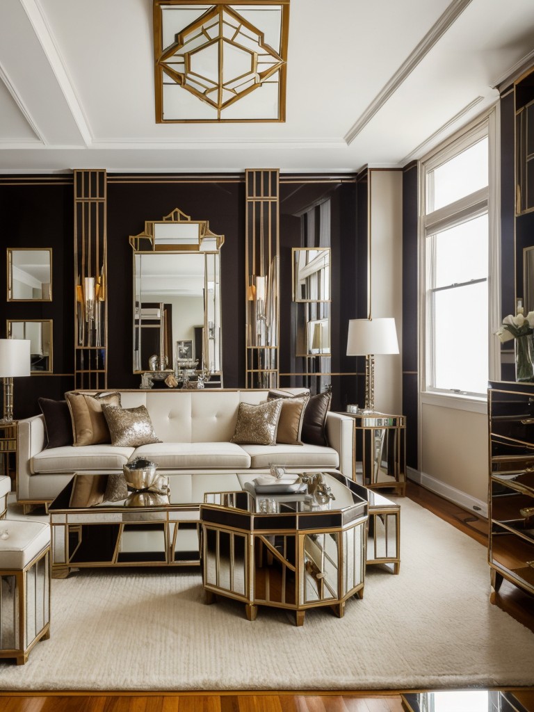 Celebrate the art deco era in your studio apartment with bold geometric patterns, mirrored furniture, and vintage-inspired art for a glamorous, 1920s-inspired look.