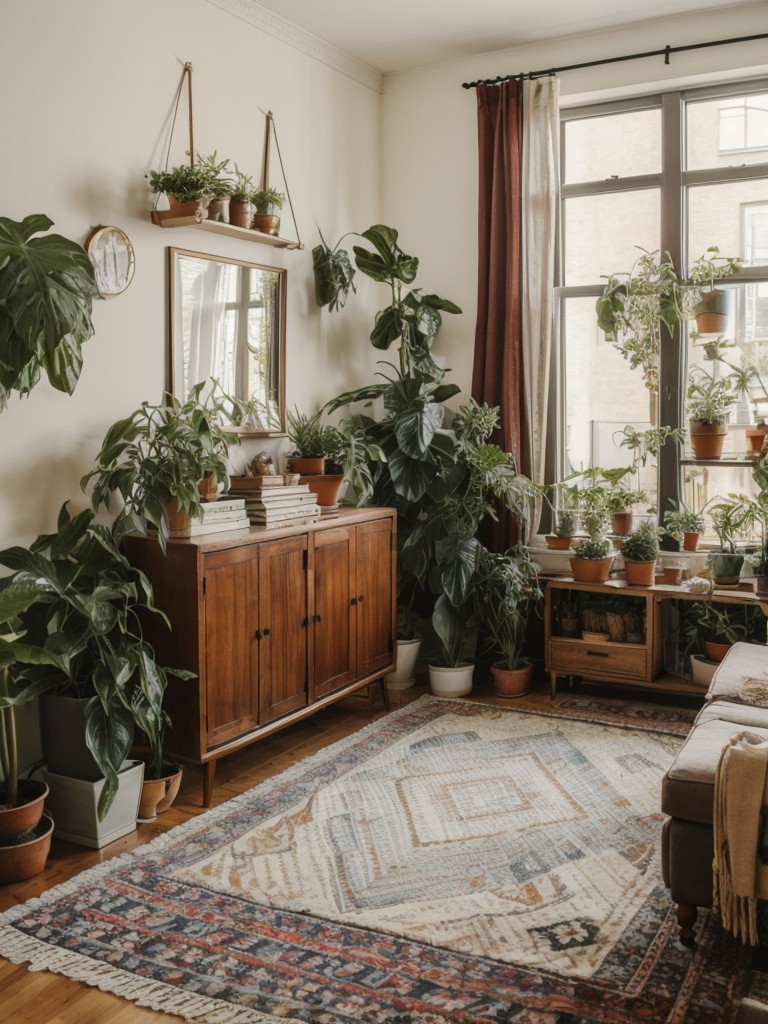 Create a bohemian atmosphere in your studio apartment with a mix of vintage furniture, eclectic patterns, and plenty of plants for a relaxed, free-spirited vibe.