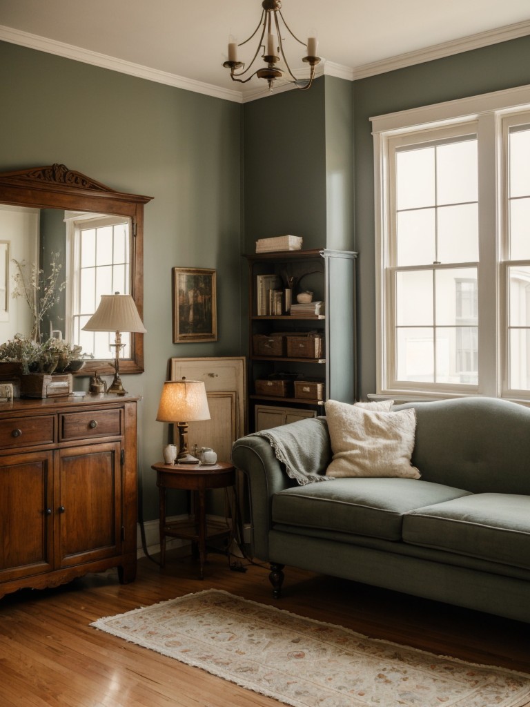 Create a cozy vintage studio apartment with antique furniture pieces, a vintage-inspired color palette, and soft, romantic lighting.