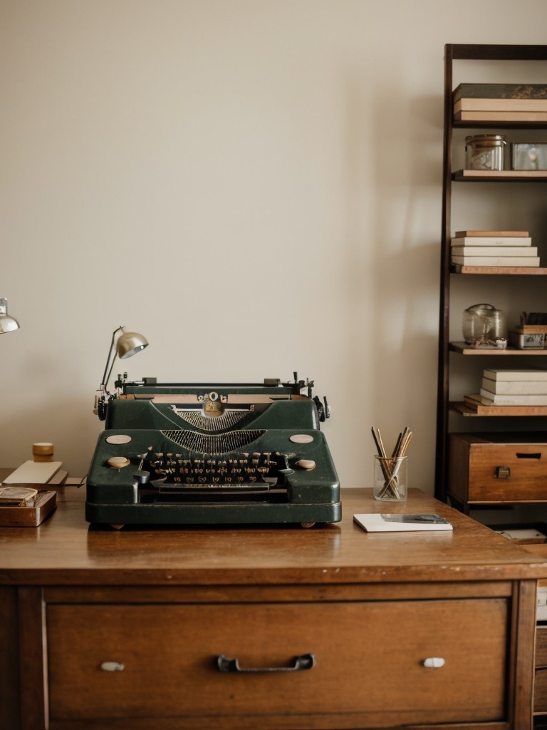 Create a vintage-inspired home office in your studio apartment with a vintage desk, an antique typewriter, and vintage art for a stylish, productive workspace.