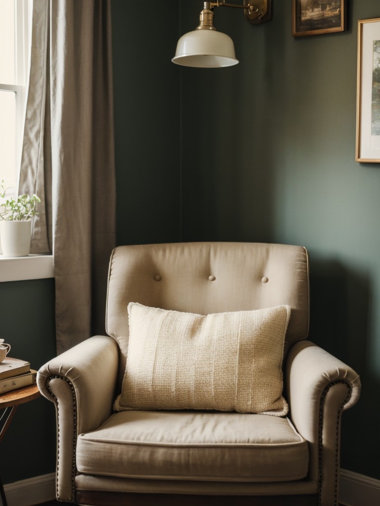 Create a vintage-inspired reading nook in your studio apartment with a cozy armchair, a vintage side table, and a curated collection of vintage books for a cozy, eclectic escape.