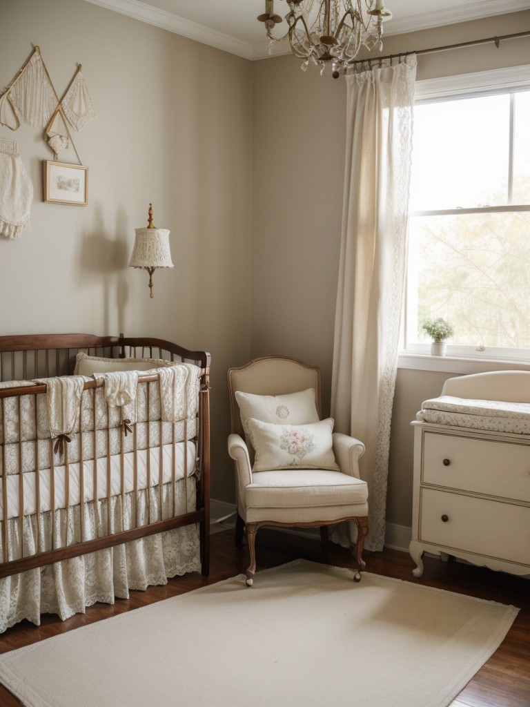 Create a whimsical vintage-inspired nursery in your studio apartment with antique furniture, delicate lace curtains, and vintage-inspired crib bedding for a charming, nostalgic space.