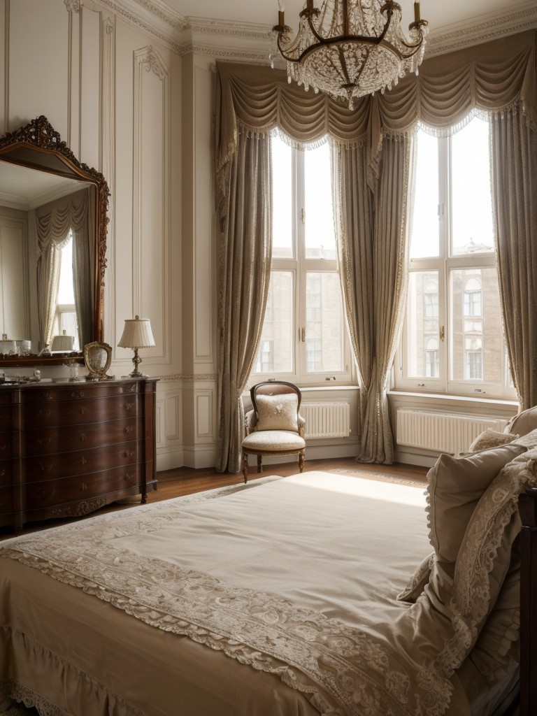 Embrace the elegance of a Victorian-inspired studio apartment with rich, ornate furnishings, vintage lace curtains, and antique chandeliers for a sophisticated, romantic atmosphere.