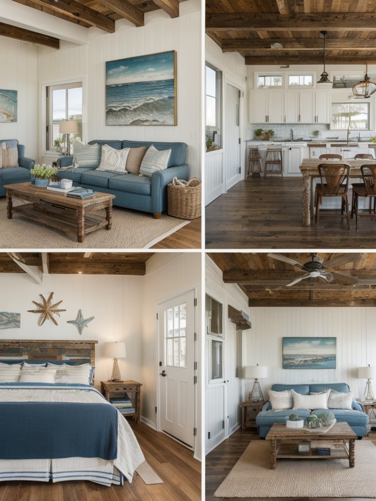 Transform your studio apartment into a coastal-inspired retreat with vintage nautical decor, reclaimed wood accents, and vintage beach-inspired artwork for a relaxed, seaside atmosphere.