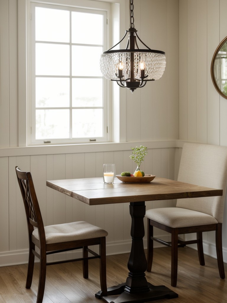 Create a charming dining nook with a small table, comfortable chairs, and a trendy pendant light or chandelier.