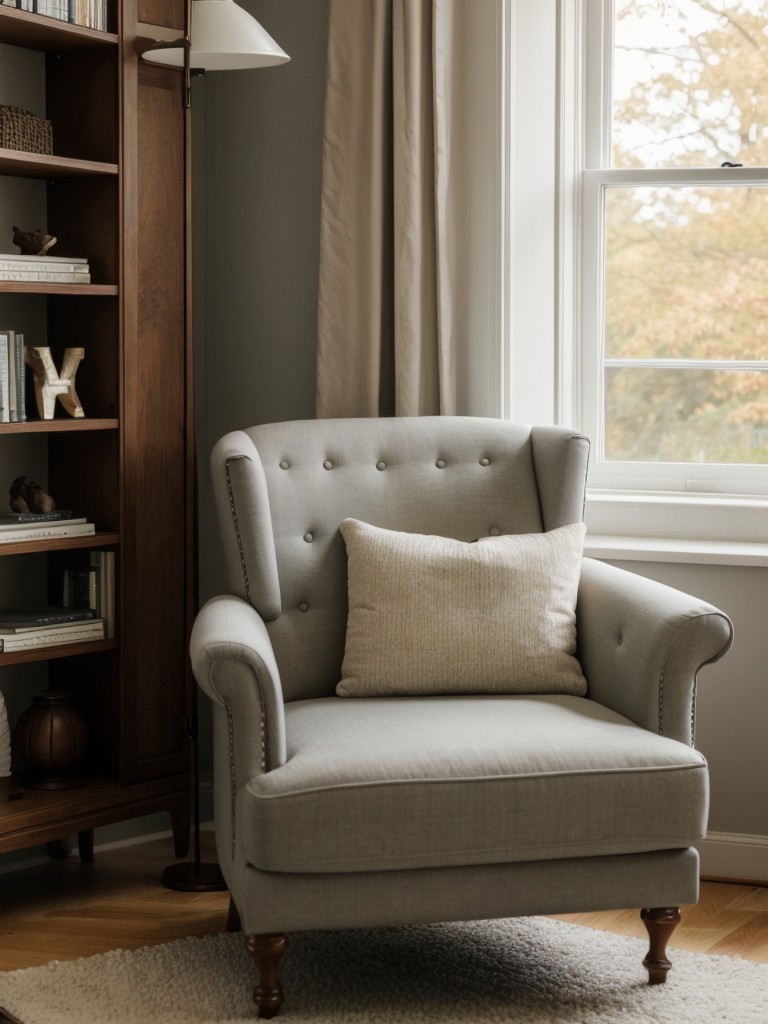 Create a cozy reading nook by placing a comfortable armchair near a window or adding a floor lamp next to a bookshelf.