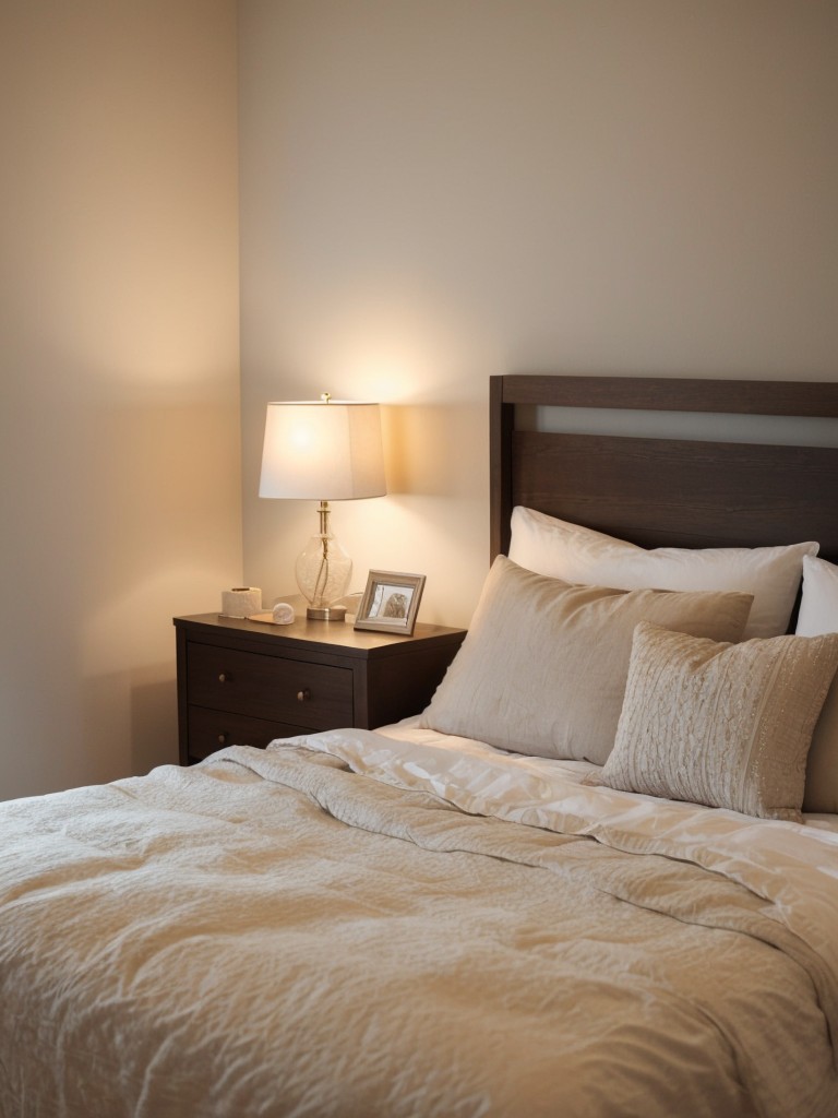 Design a romantic and relaxing bedroom with soft and soothing hues, plush bedding, and ambient lighting options like dimmable lamps or fairy lights.