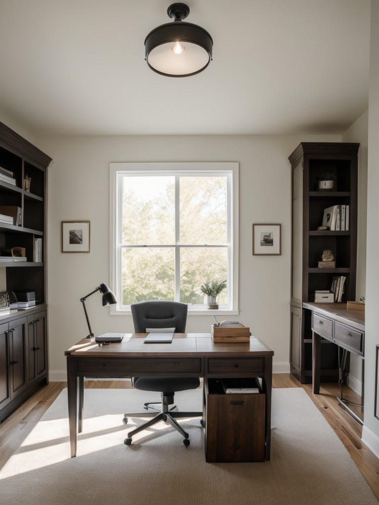 Incorporate a home office area with a stylish desk, ergonomic chair, and proper lighting for productivity and focus.