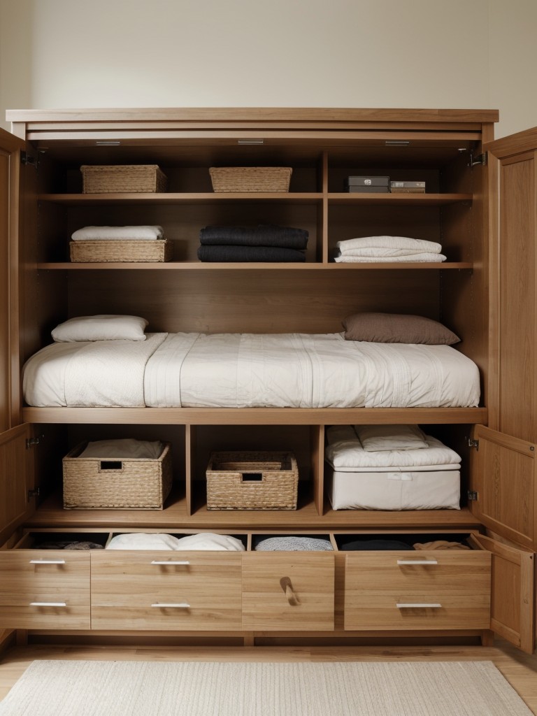 Maximize storage space with built-in closets, under-bed storage organizers, and multi-functional furniture like ottomans with hidden compartments or bed frames with drawers.