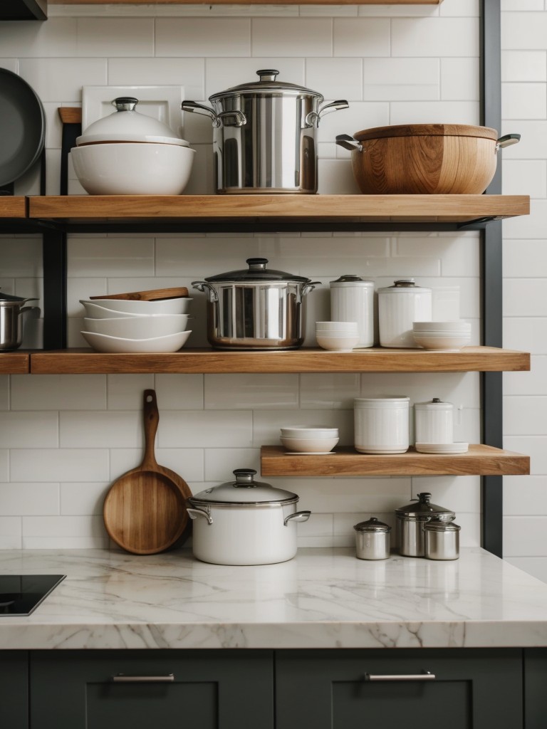 Utilize open shelving in the kitchen to display stylish dishes and cookware while also keeping items easily accessible.