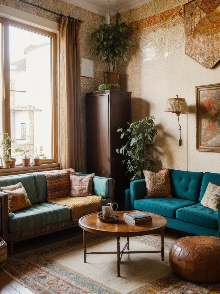 Bohemian apartment living room with an eclectic and vibrant style, mixing patterns and textures, incorporating vintage furniture and global-inspired artwork to create a relaxed and artistic space.