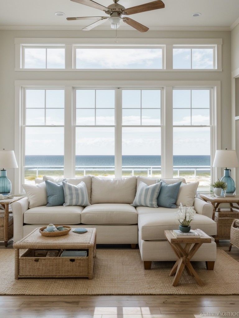 Coastal-inspired apartment living room with a light and airy design, using natural materials, nautical accents, and a soft color palette, capturing the essence of a beach house getaway.