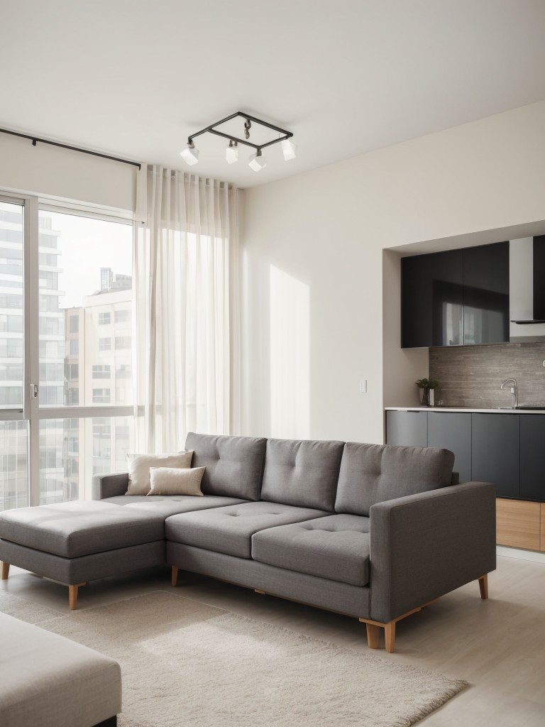 Contemporary apartment living room with a focus on comfort and functionality, featuring modular seating options, smart technology integration, and a neutral color scheme.