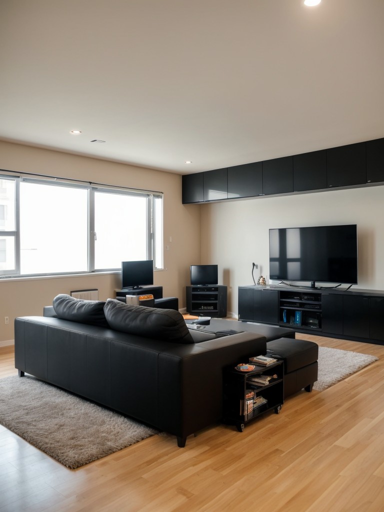 Gaming enthusiast's apartment living room designed to accommodate a gaming setup, featuring adjustable monitor mounts, ergonomic gaming chairs, and space-saving storage for a seamless gaming experience.