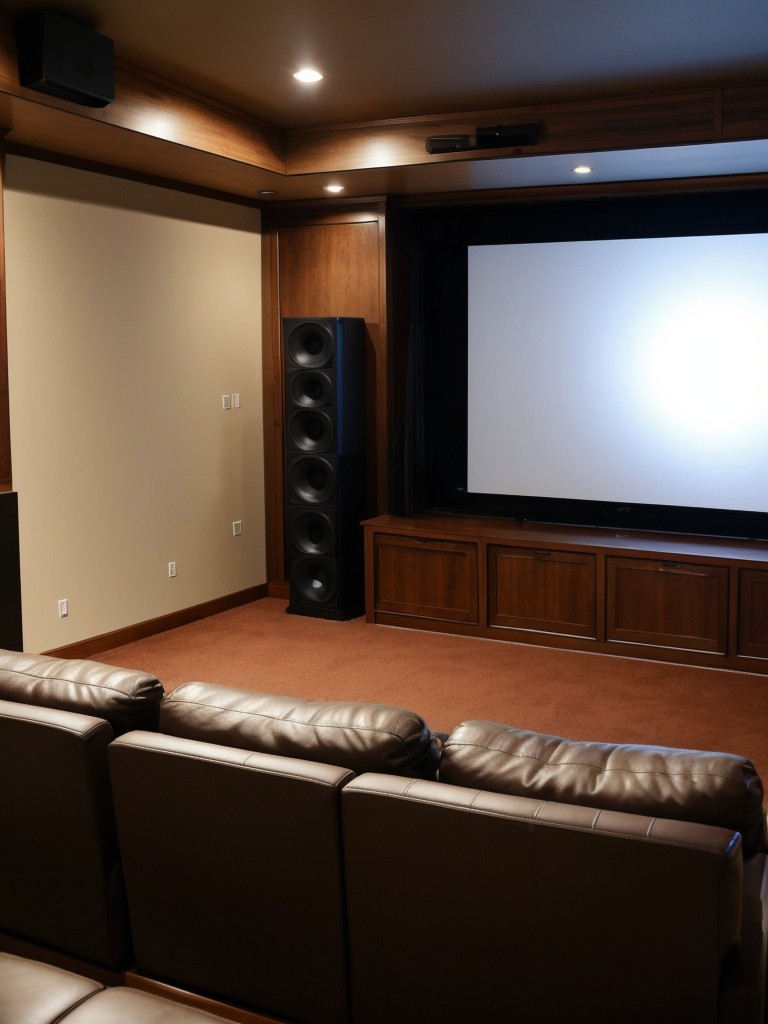 Home theater-inspired apartment living room with a large projection screen, plush seating, and surround sound system, offering a cinematic experience within the comfort of home.