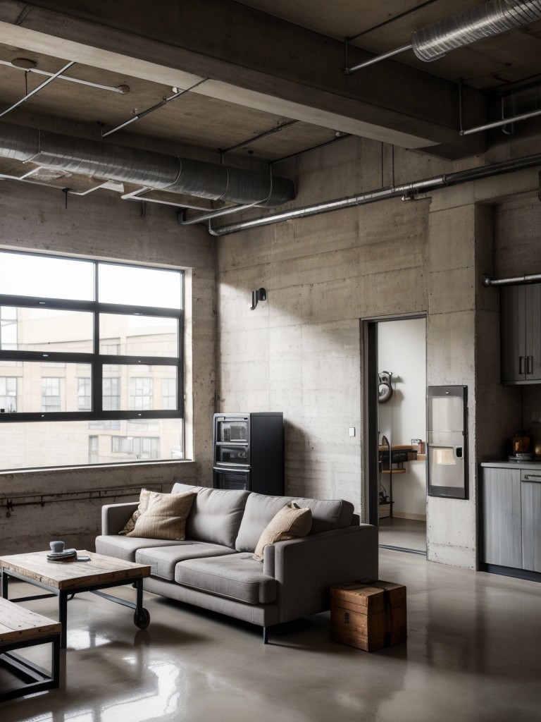 Industrial-chic apartment living room with exposed ductwork, concrete floors, and a mix of vintage and modern furniture, embracing the raw and rough elements for a trendy and urban feel.