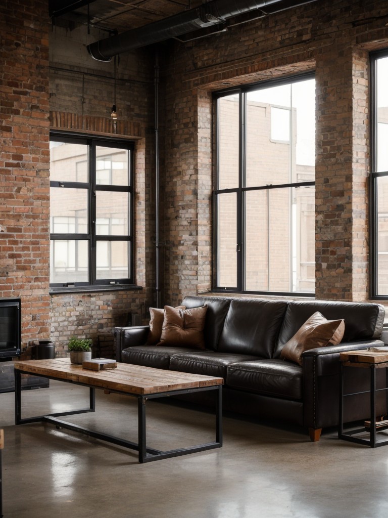 Industrial-inspired apartment living room with exposed brick walls, vintage leather sofas, and reclaimed wood coffee tables, creating a rugged and timeless atmosphere.