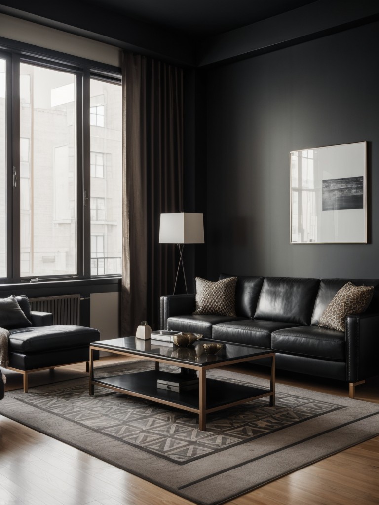 Masculine apartment living room with a minimalist design and dark color palette, using leather furniture, geometric patterns, and sleek metallic accents.