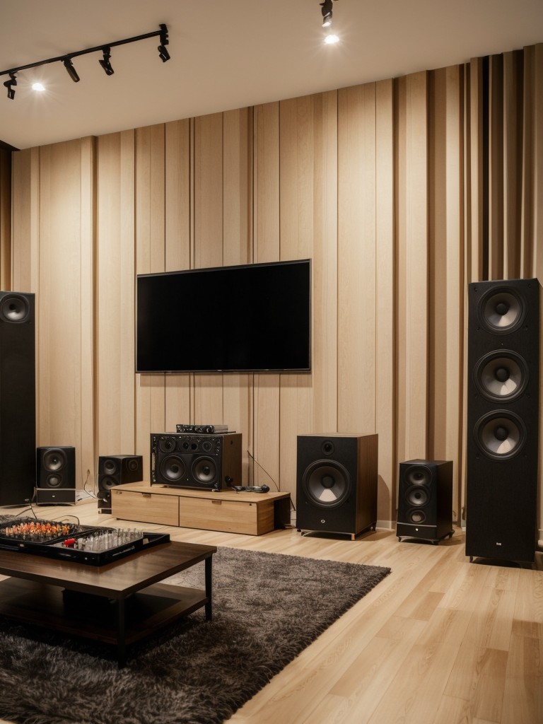Music enthusiast's apartment living room designed to accommodate a home recording or music studio, featuring soundproof walls, acoustically treated surfaces, and high-quality audio equipment.