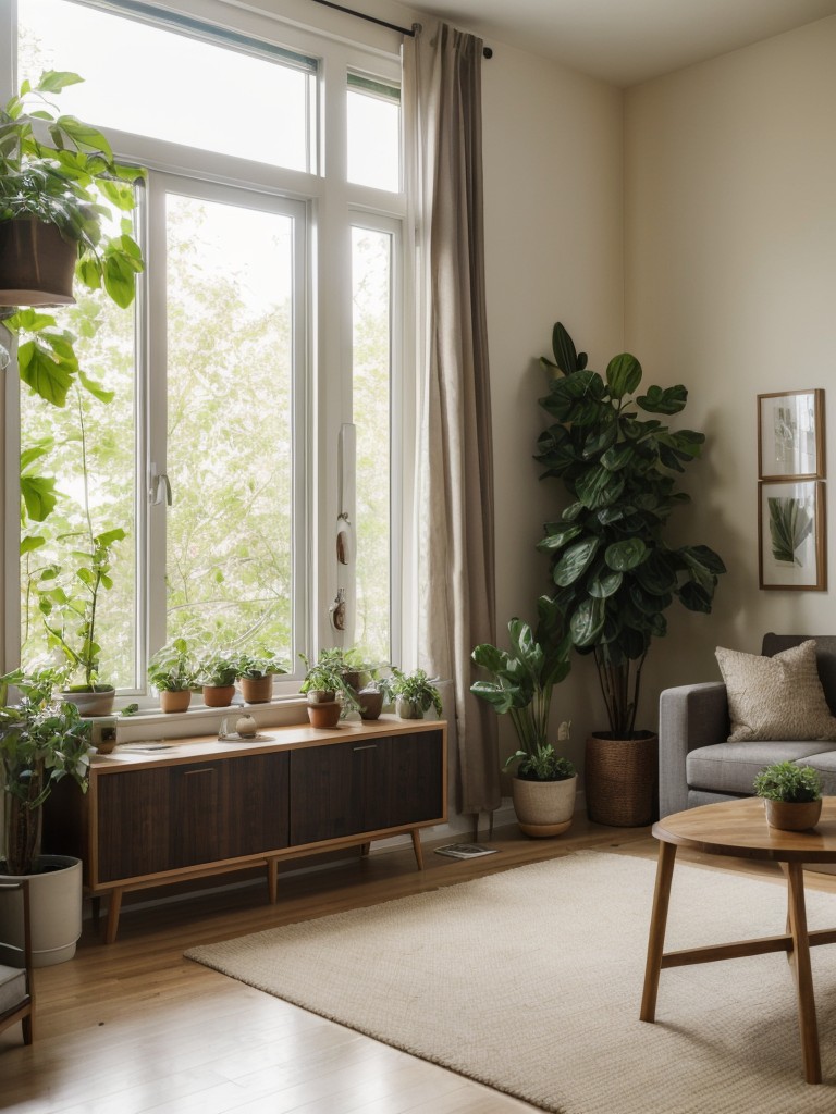 Nature lover's apartment living room with an emphasis on biophilia, incorporating indoor plants, earthy textures, and natural materials, creating a calming and organic environment to reconnect with nature.