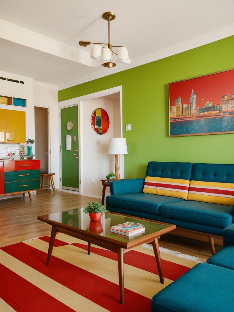 Retro apartment living room with vibrant hues, bold patterns, and mid-century modern furniture, combining nostalgia and modern aesthetics for a unique and playful look.