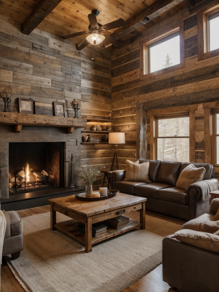 Rustic apartment living room with a cozy and warm design, featuring wood-paneled walls, stone fireplace, and comfortable oversized furniture, evoking a cabin-like retreat.