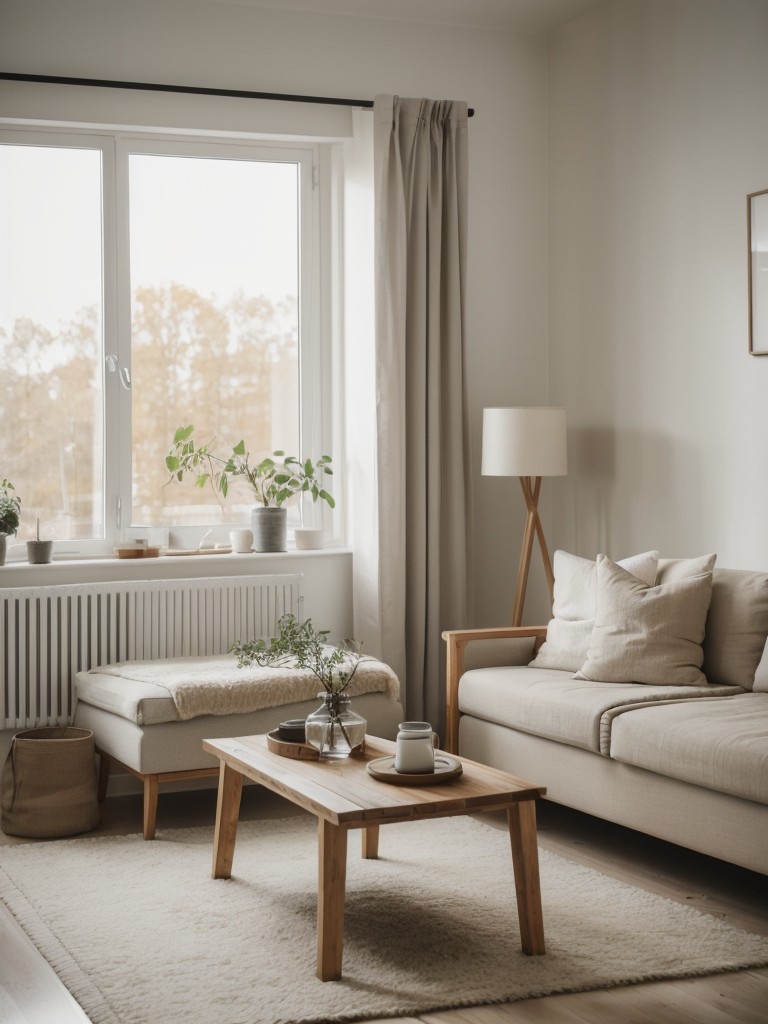 Scandinavian-inspired apartment living room with a minimalist and cozy atmosphere, using natural materials, neutral tones, and plenty of natural light for a calming and inviting ambiance.