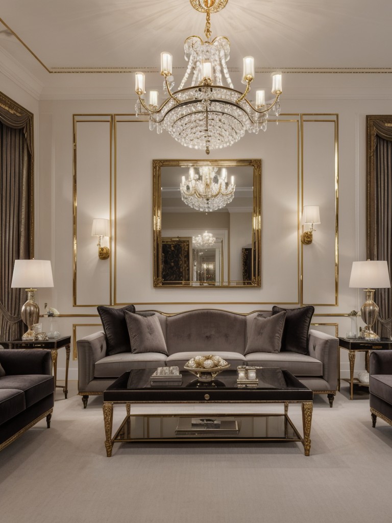 Sophisticated apartment living room with a timeless and elegant design, incorporating velvet upholstery, crystal chandeliers, and refined artwork for a touch of luxury.