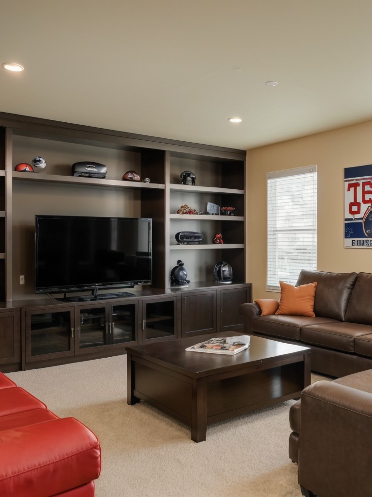 Sports-themed apartment living room with sports memorabilia displays, stadium seating-inspired furniture, and team colors incorporated throughout the space, creating a personalized sports haven.