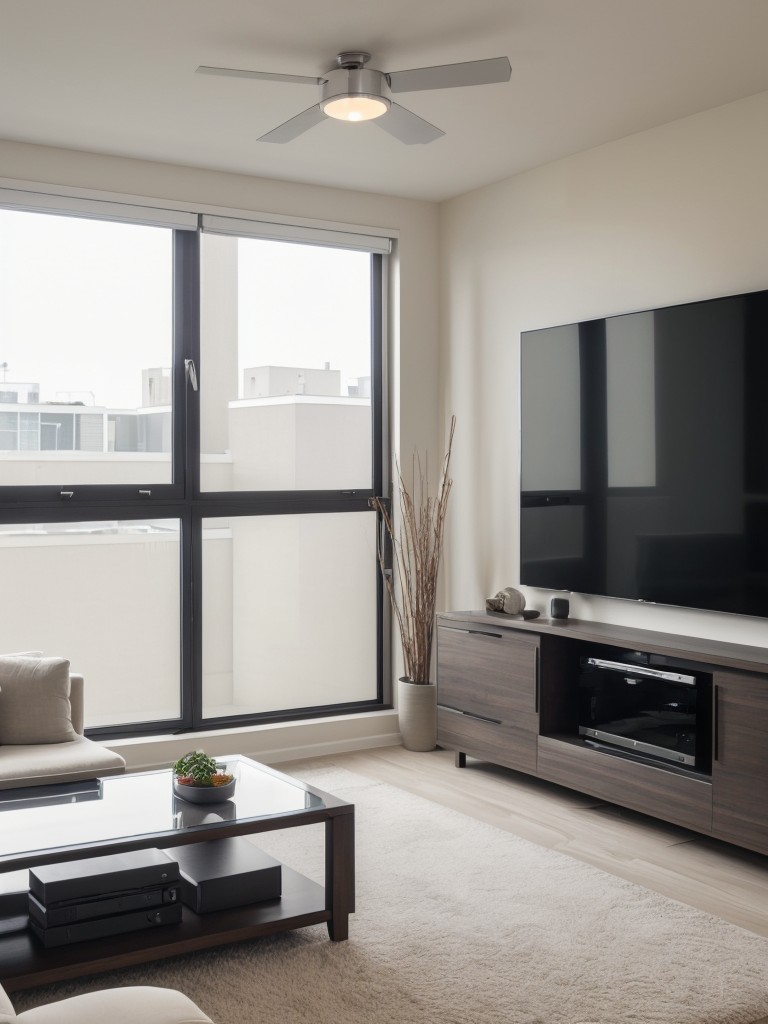 Tech-savvy apartment living room with integrated smart home features, such as voice-controlled lighting, automated blinds, and a central entertainment hub, offering convenience and cutting-edge technology.