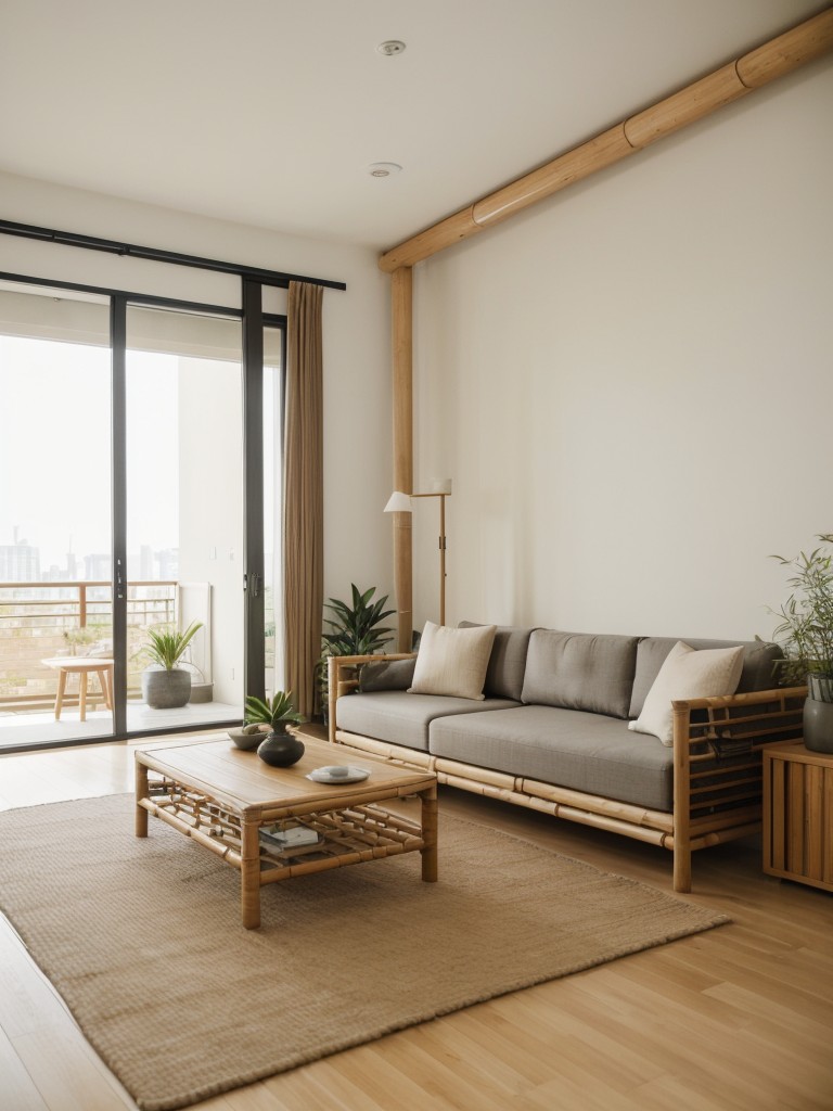 Zen-inspired apartment living room with a calming and balanced design, incorporating natural elements, such as bamboo furniture, Zen gardens, and soft neutral tones, creating a peaceful retreat within the city.
