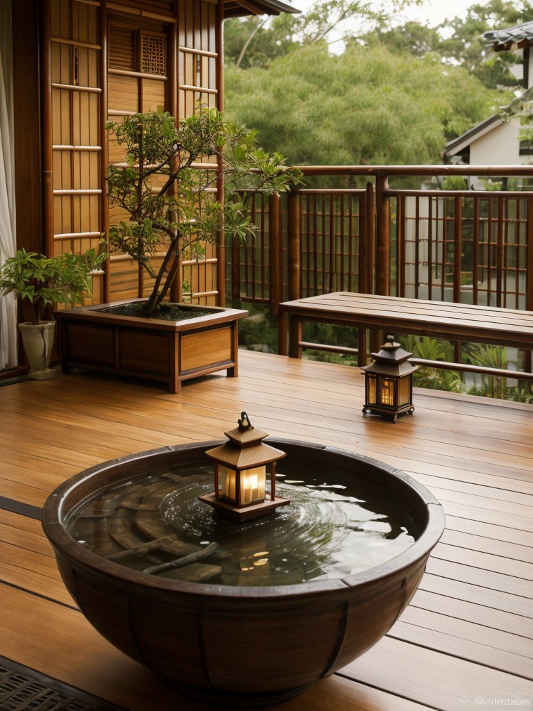 Asian-inspired small balcony decor ideas with bamboo furniture, lanterns, bonsai trees, and a small water feature for a tranquil and serene outdoor retreat.