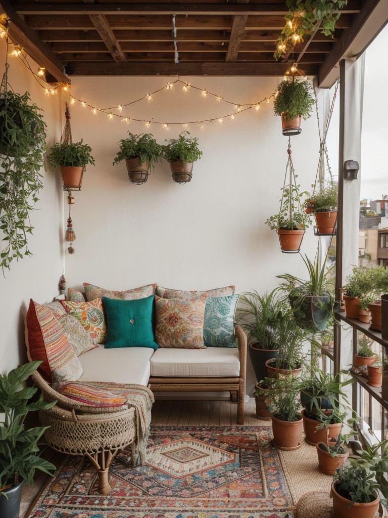 Bohemian-inspired small balcony decor ideas with colorful rugs, floor cushions, hanging plants, and fairy lights for a vibrant and cozy outdoor oasis.