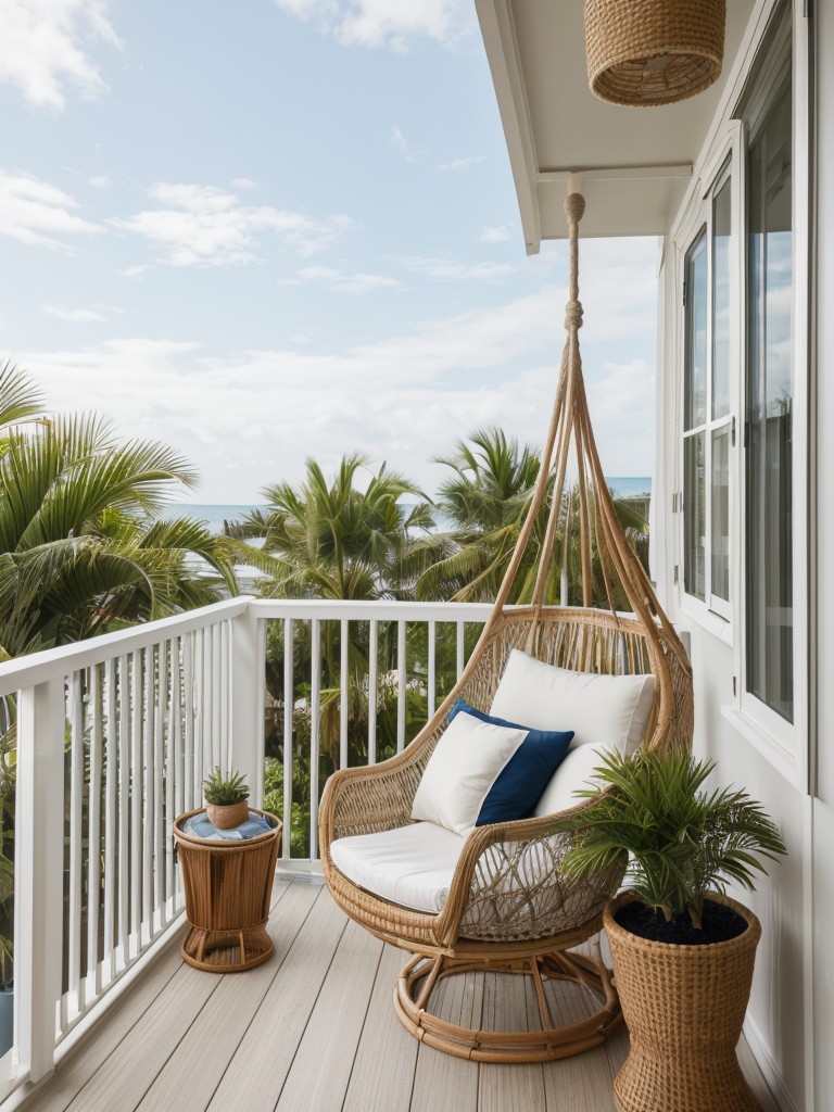 Coastal apartment balcony ideas with rattan furniture, nautical-inspired decor, potted palms, and a hanging hammock chair for a beachy and relaxing outdoor experience.