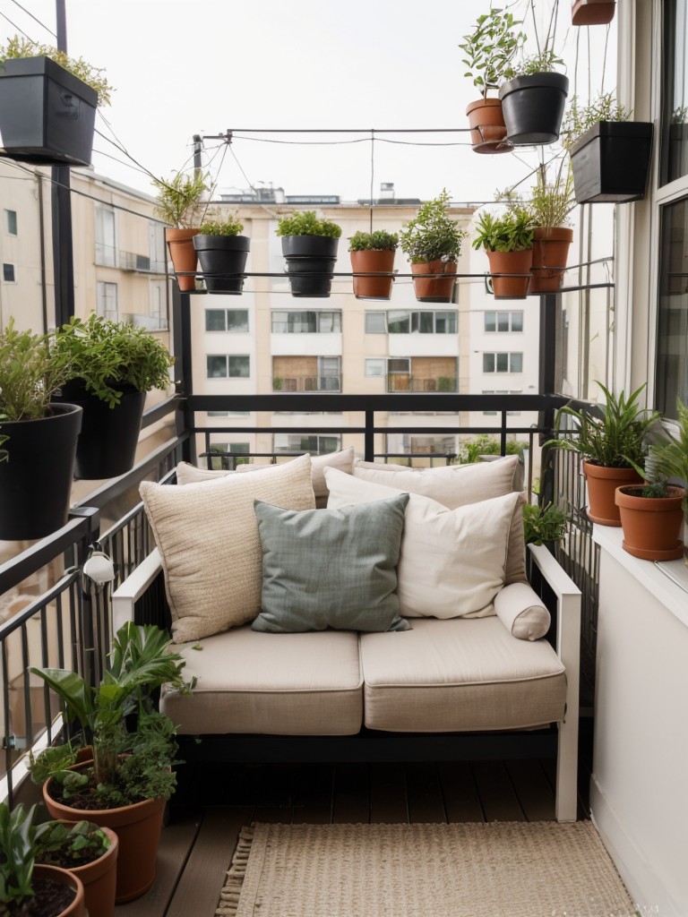 Cozy apartment balcony ideas with a comfortable seating arrangement, potted plants, and string lights for a relaxed outdoor atmosphere.