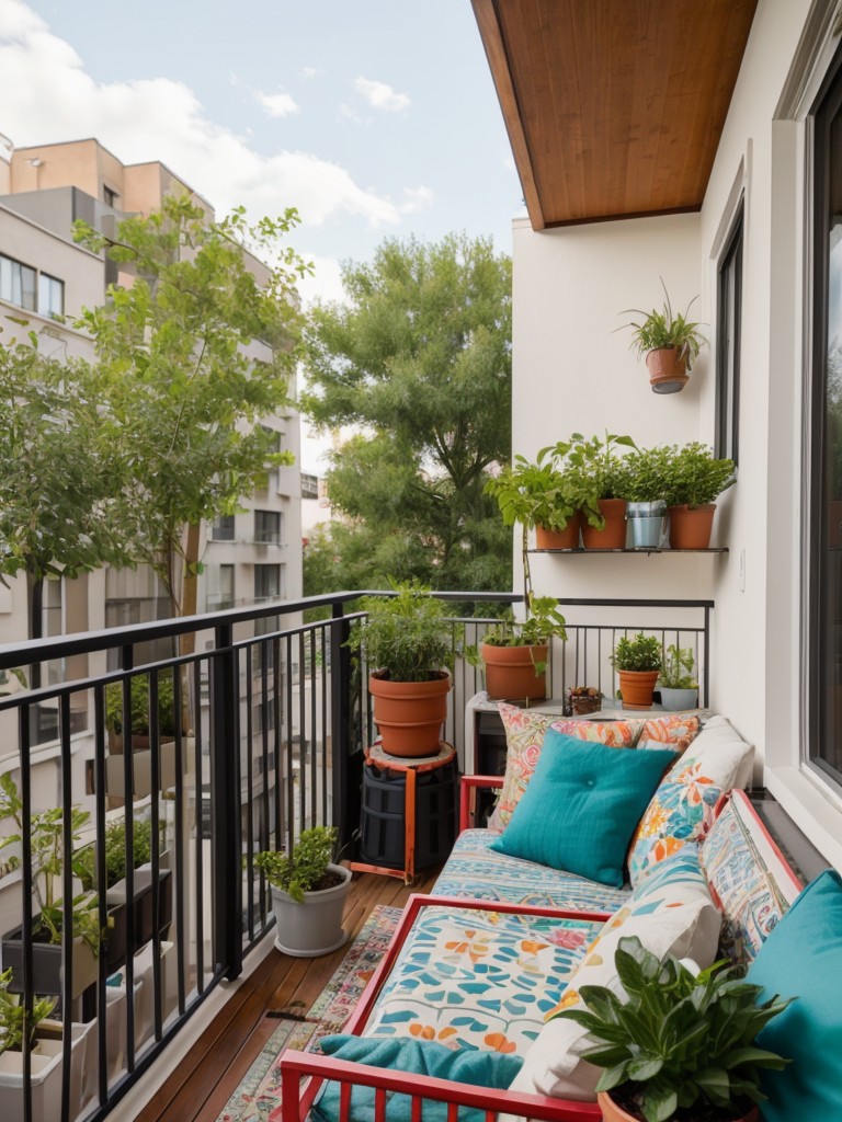 Eclectic apartment balcony ideas incorporating mismatched furniture, colorful patterns, unique planters, and artistic accessories for a vibrant and personalized outdoor space.