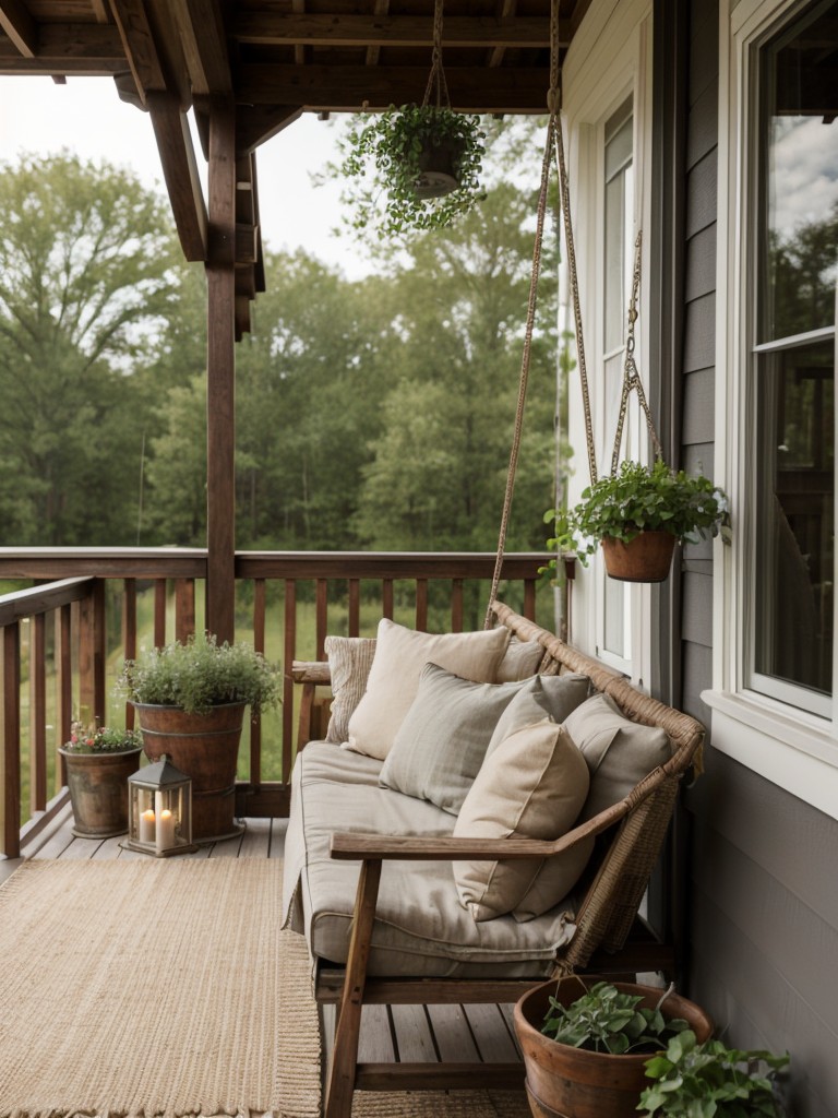 Farmhouse-inspired small balcony decoration ideas with wooden furniture, hanging planters, vintage signage, and a cozy porch swing for a rustic and inviting outdoor oasis.