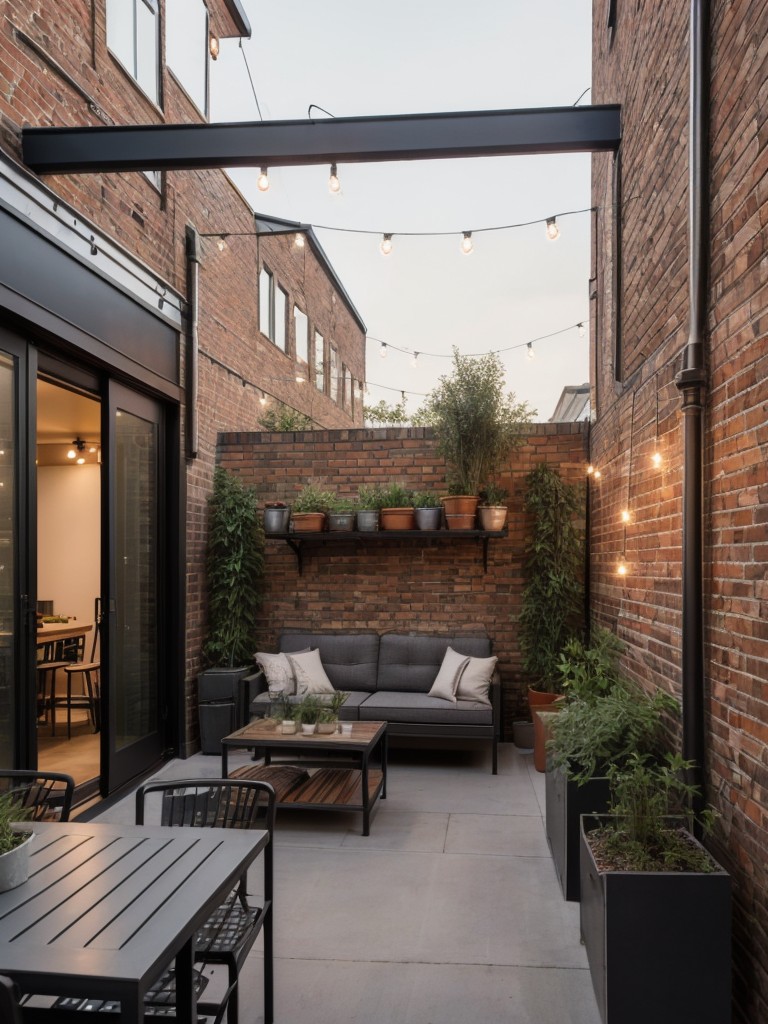 Industrial apartment balcony design ideas using metal furniture, exposed brick walls, hanging planters, and string lights for a trendy and edgy outdoor space.