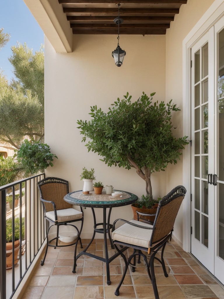 Mediterranean-inspired small balcony decor ideas with wrought iron furniture, vibrant tiles, potted olive trees, and a small mosaic table for a charming and picturesque outdoor setting.
