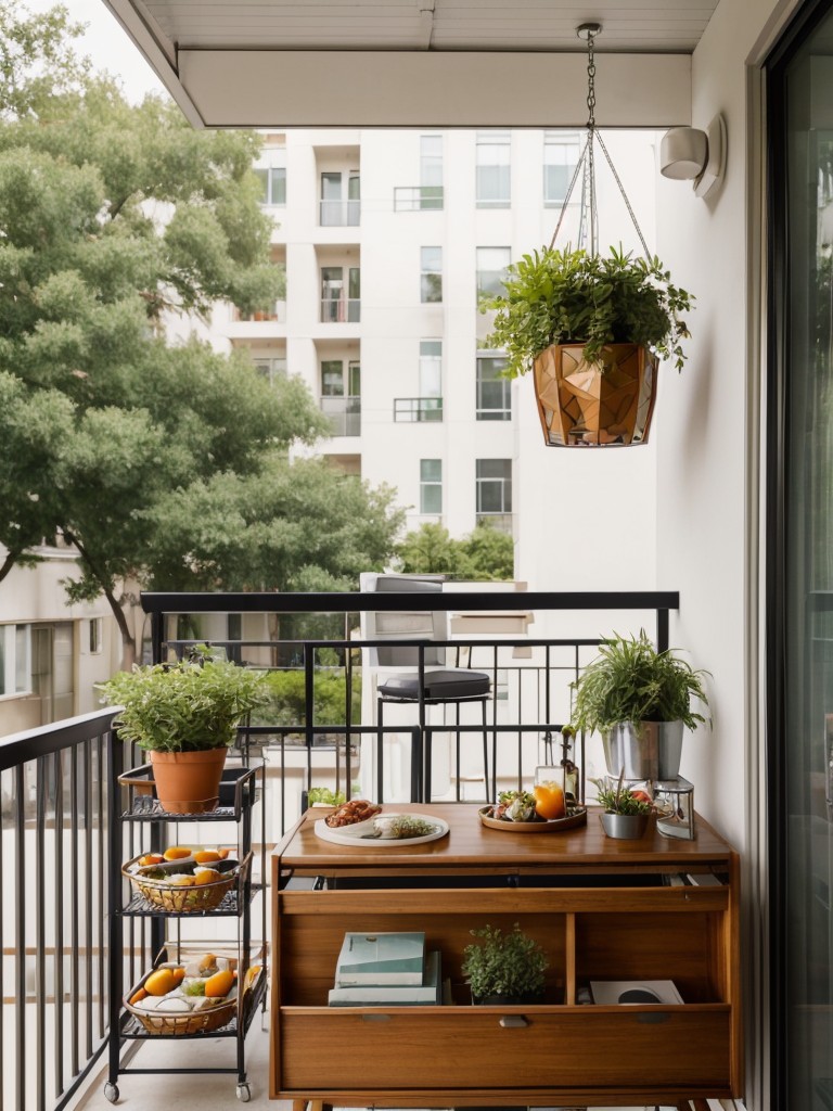 Mid-century modern apartment balcony design ideas featuring retro furniture, geometric patterns, hanging planters, and a small outdoor bar cart for a stylish and nostalgic outdoor setting.