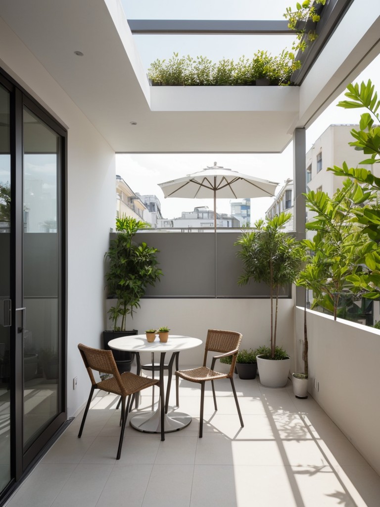 Minimalist apartment balcony design ideas featuring simple and sleek furniture, potted plants, and a small bistro set for a modern outdoor space.