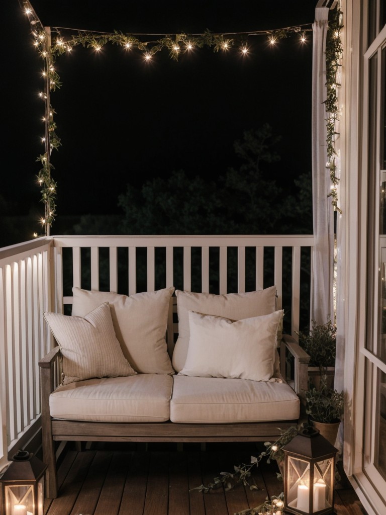 Romantic small balcony decorating ideas with a cozy love seat, fairy lights, sheer curtains, and aromatic plants for a dreamy and intimate outdoor space.