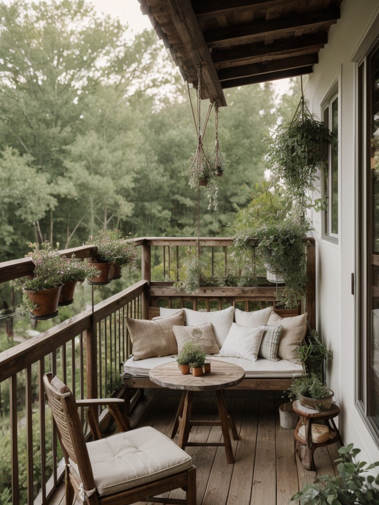 Rustic-inspired small balcony decor ideas with wooden furniture, greenery, and vintage-inspired accessories for a charming and natural outdoor ambiance.