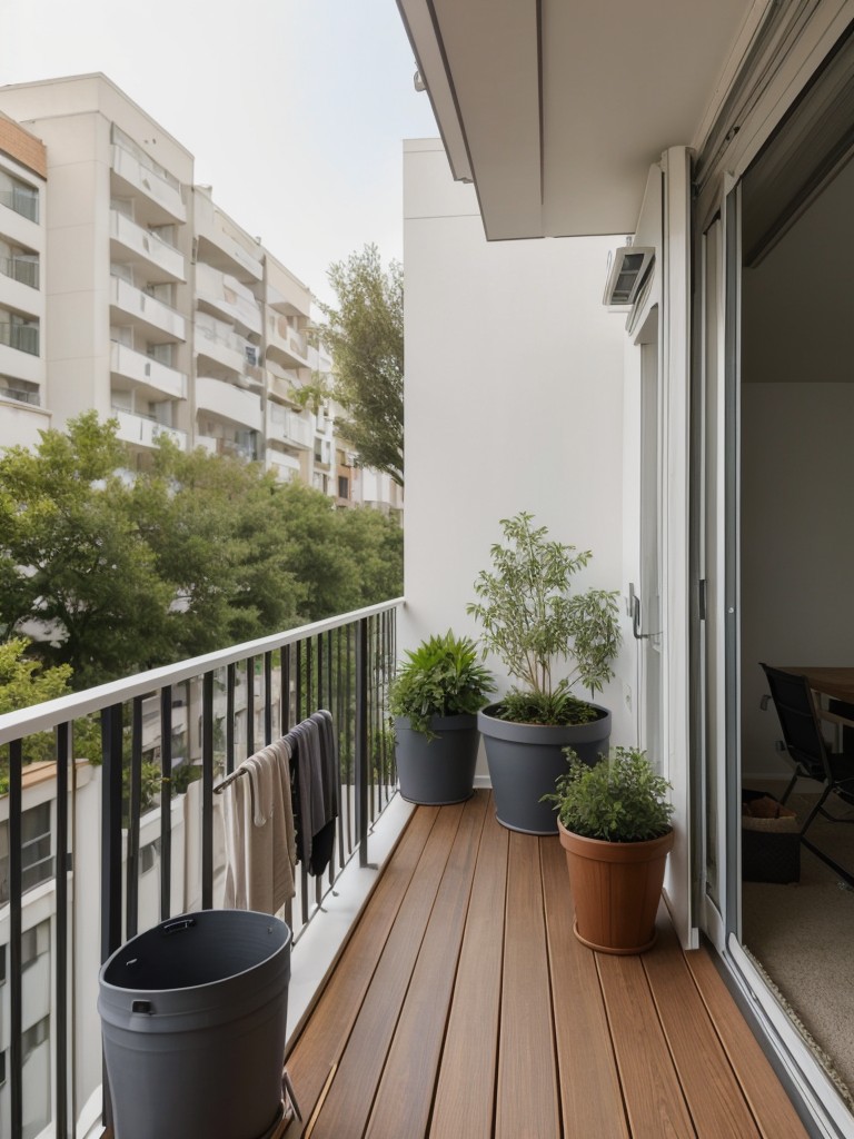 Space-saving apartment balcony ideas with foldable furniture, wall-mounted planters, and a collapsible clothes drying rack for functional and organized outdoor living.