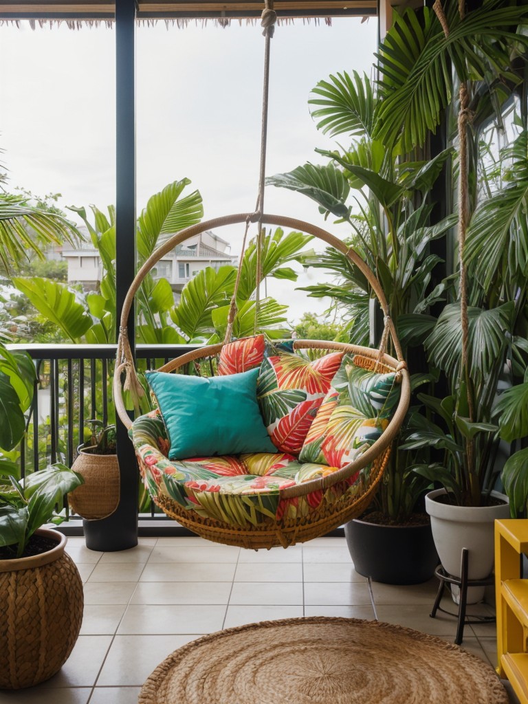 Tropical apartment balcony design ideas featuring vibrant colors, a hanging swing chair, tropical plants, and a small tiki bar for a lively and exotic outdoor oasis.