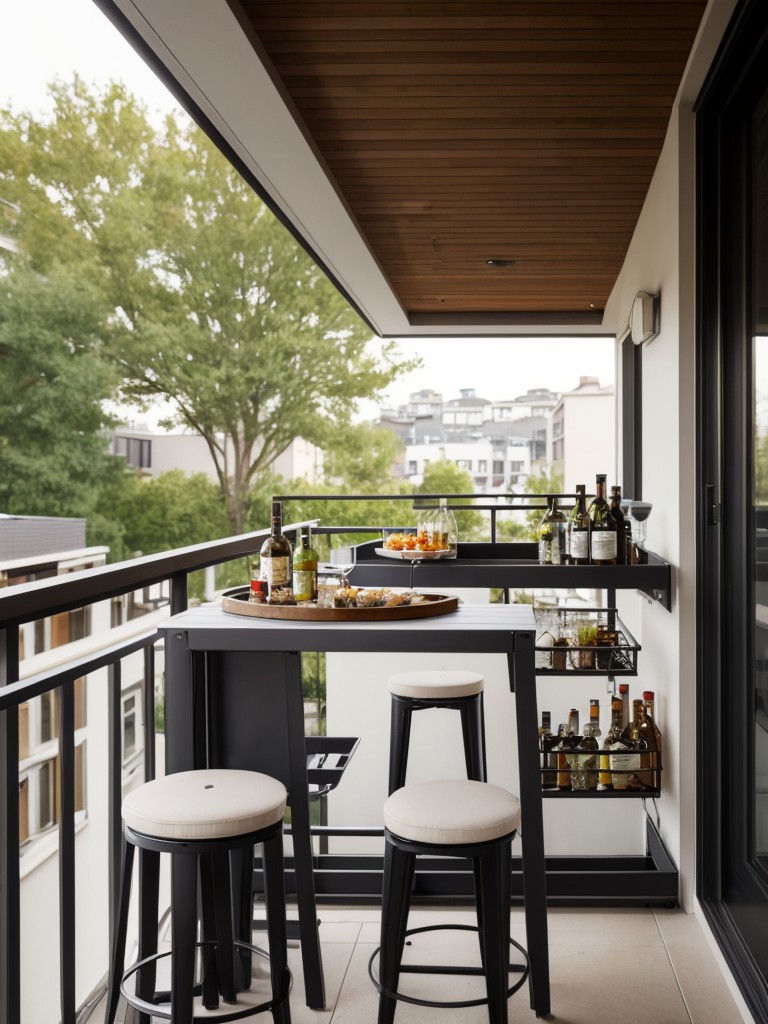 Urban apartment balcony design ideas incorporating a small bar cart, stools, and a mini grill for creating a compact outdoor entertaining area.