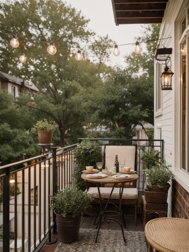 Vintage-inspired small balcony decor ideas with wicker furniture, antique planters, vintage lighting fixtures, and a small vintage-themed bistro set for a nostalgic outdoor setting.