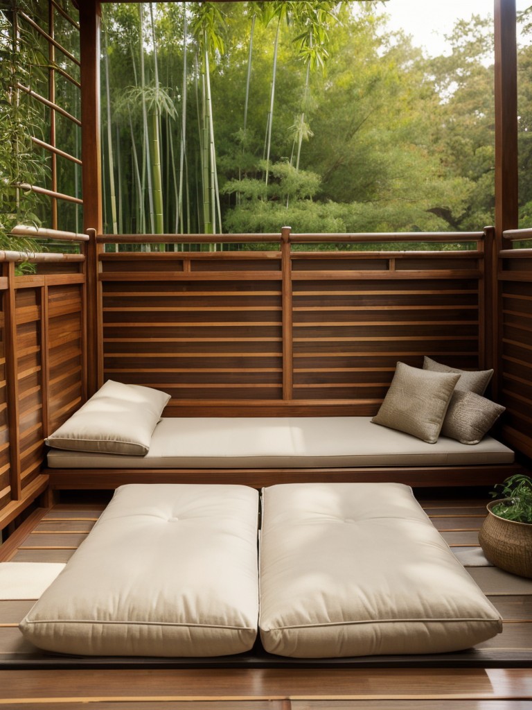 Zen-inspired small balcony decoration ideas with floor cushions, bamboo screens, a small zen garden, and a meditation corner for a peaceful outdoor sanctuary.