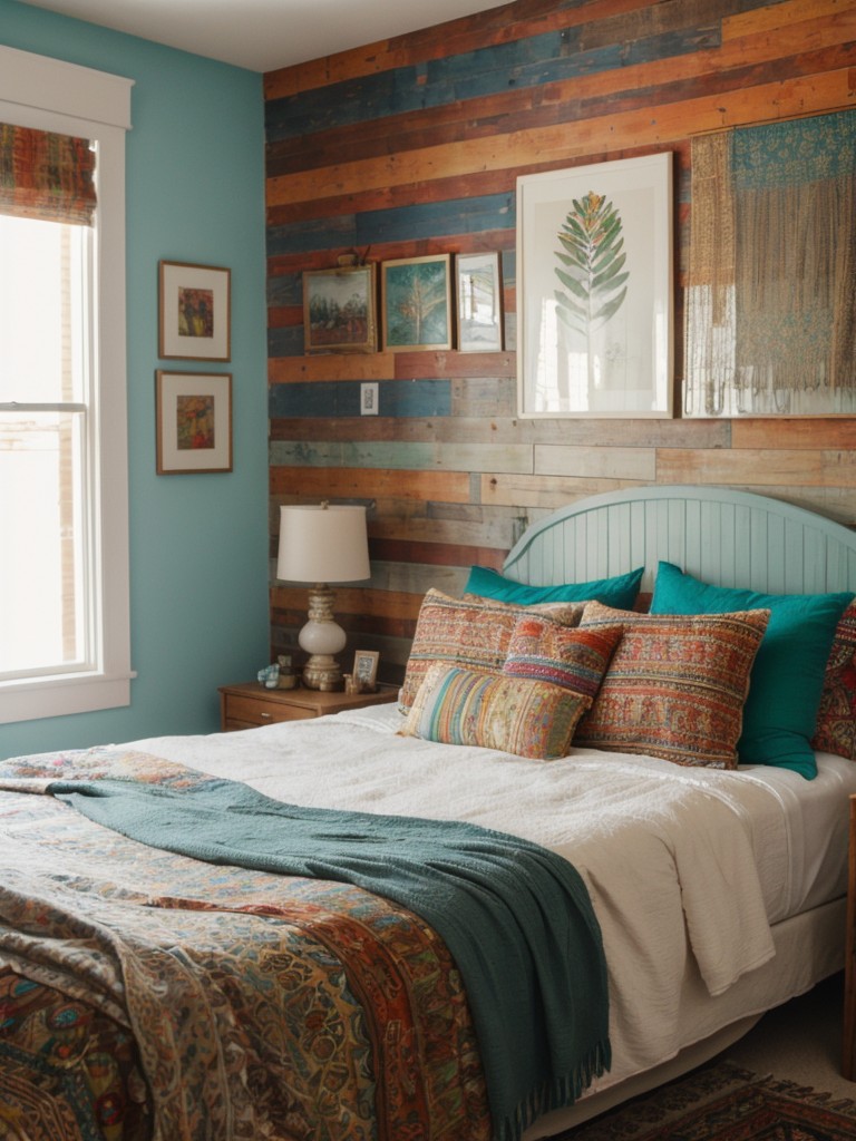 Bohemian-inspired bedroom featuring vibrant textiles, layered textures, and eclectic wall art for a free-spirited atmosphere.