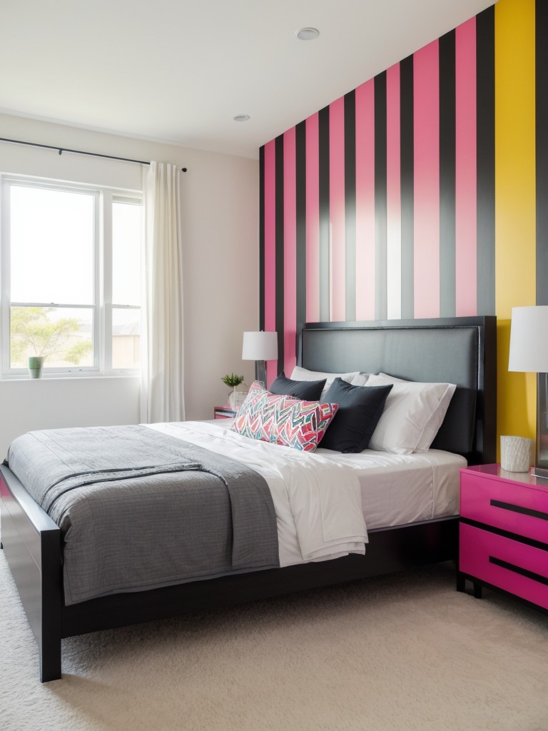 Contemporary bedroom decor with sleek furniture, geometric patterns, and pops of vibrant color for a modern and energetic look.